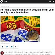 Portugal: Value of mergers, acquisitions in year to July 'more than trebles'